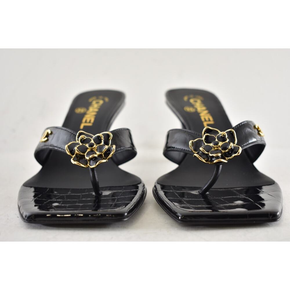 Chanel 26A Black Crocodile Croc CC Flower Backless Mule Heel Thong Sandal 37 - Picture 13 of 16